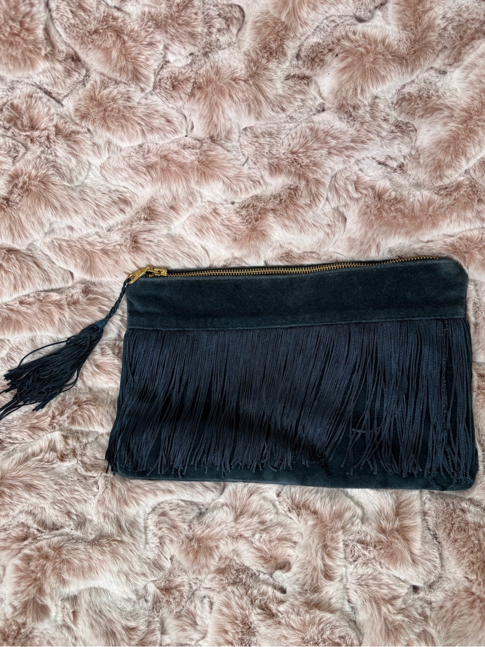 Dark Navy Blue Fringe Suede Clutch Bag with Tassel